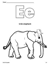 Free printable elephant coloring page, letter e coloring page for preschool, pre-k, and kindergarten, PDF