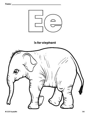 Free printable elephant coloring page, letter e coloring page for preschool, pre-k, and kindergarten, PDF