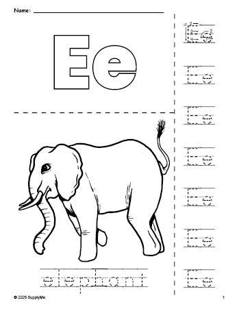 Free printable elephant coloring page and letter tracing worksheet, letter e worksheet for preschool, pre-k, and kindergarten, PDF