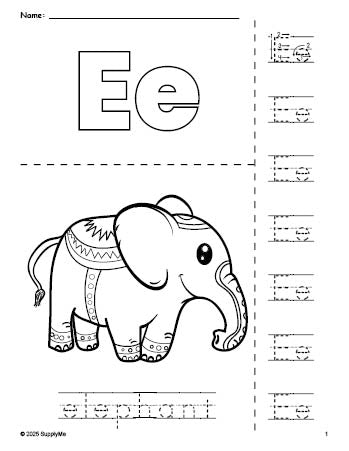 Free printable elephant coloring page and letter tracing worksheet, letter e worksheet for preschool, pre-k, and kindergarten, PDF