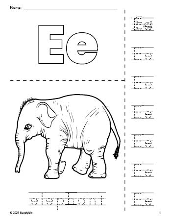 Free printable elephant coloring page and letter tracing worksheet, letter e worksheet for preschool, pre-k, and kindergarten, PDF