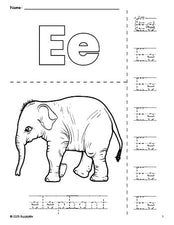 Free printable elephant coloring page and letter tracing worksheet, letter e worksheet for preschool, pre-k, and kindergarten, PDF