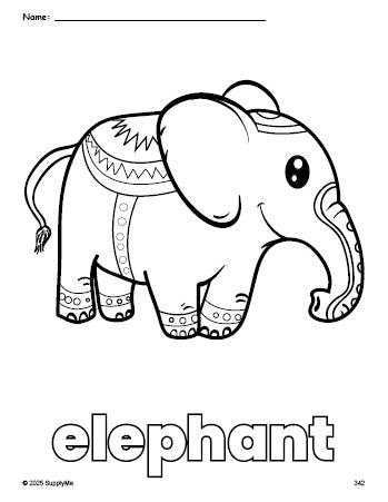 Free printable elephant coloring page for preschool, pre-k, and kindergarten, PDF