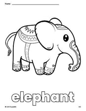 Free printable elephant coloring page for preschool, pre-k, and kindergarten, PDF