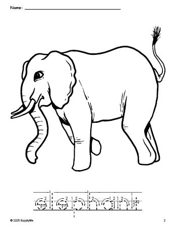 Free printable elephant coloring page and word tracing worksheet, letter formation guides, perfect for preschool, pre-k, and kindergarten, PDF