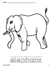 Free printable elephant coloring page and word tracing worksheet, letter formation guides, perfect for preschool, pre-k, and kindergarten, PDF