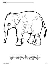 Free printable elephant coloring page and word tracing worksheet, letter formation guides, perfect for preschool, pre-k, and kindergarten, PDF