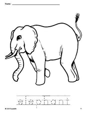 Free printable elephant coloring page and word tracing worksheet, perfect for preschool, pre-k, and kindergarten, PDF