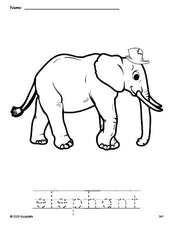 Free printable elephant coloring page and word tracing worksheet, perfect for preschool, pre-k, and kindergarten, PDF