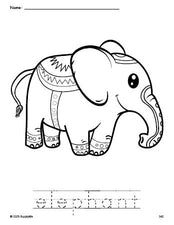 Free printable elephant coloring page and word tracing worksheet, perfect for preschool, pre-k, and kindergarten, PDF