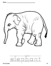 Free printable elephant coloring page and word tracing worksheet, perfect for preschool, pre-k, and kindergarten, PDF