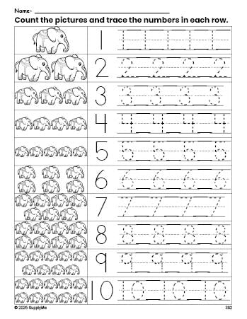 Free printable elephant counting worksheet for preschool and pre-k with number tracing practice 1-10, PDF