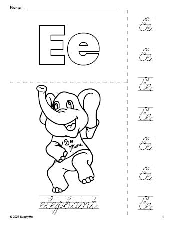 Free printable elephant Valentine's Day coloring page and cursive letter tracing worksheet, letter e worksheet for preschool, pre-k, and kindergarten, PDF