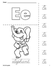 Free printable elephant Valentine's Day coloring page and cursive letter tracing worksheet, letter e worksheet for preschool, pre-k, and kindergarten, PDF