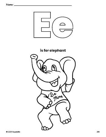 Free printable elephant Valentine's Day coloring page, letter e coloring page for preschool, pre-k, and kindergarten, PDF