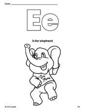 Free printable elephant Valentine's Day coloring page, letter e coloring page for preschool, pre-k, and kindergarten, PDF