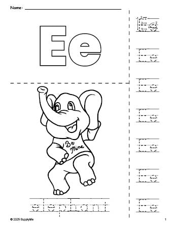 Free printable elephant Valentine's Day coloring page and letter tracing worksheet, letter e worksheet for preschool, pre-k, and kindergarten, PDF