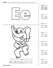 Free printable elephant Valentine's Day coloring page and letter tracing worksheet, letter e worksheet for preschool, pre-k, and kindergarten, PDF