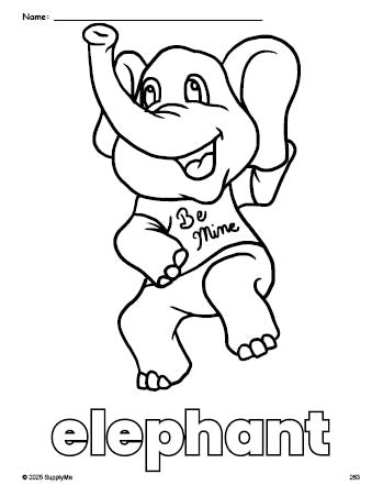 Free printable elephant Valentine's Day coloring page for preschool, pre-k, and kindergarten, PDF