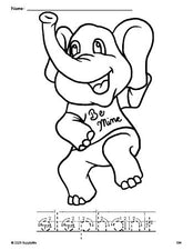 Free printable elephant Valentine's Day coloring page and word tracing worksheet, letter formation guides, perfect for preschool, pre-k, and kindergarten, PDF