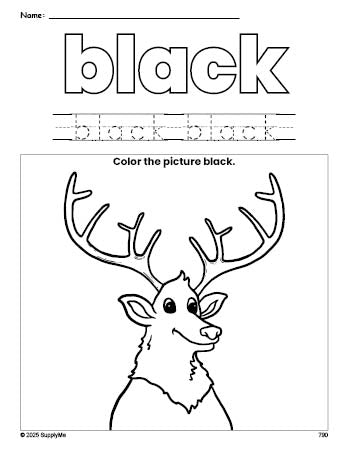 Free elk color black coloring page and color worksheet, black worksheet for preschoolers to learn colors, printable PDF