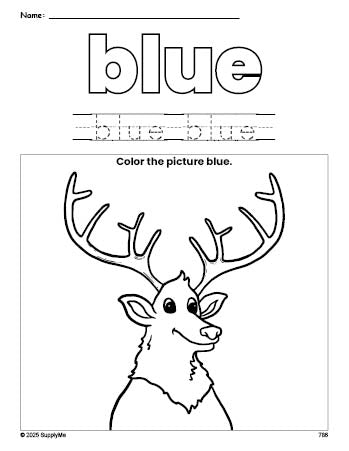 Free elk color blue coloring page and color worksheet, blue worksheet for preschoolers to learn colors, printable PDF