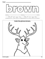 Free elk color brown coloring page and color worksheet, brown worksheet for preschoolers to learn colors, printable PDF