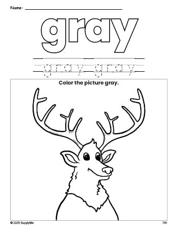 Free elk color gray coloring page and color worksheet, gray worksheet for preschoolers to learn colors, printable PDF