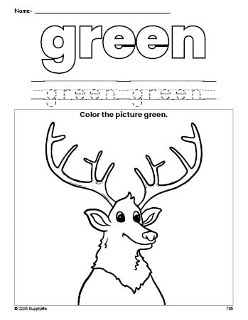 Free elk color green coloring page and color worksheet, green worksheet for preschoolers to learn colors, printable PDF