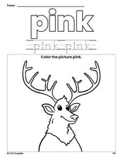 Free elk color pink coloring page and color worksheet, pink worksheet for preschoolers to learn colors, printable PDF