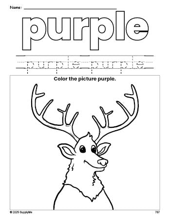 Free elk color purple coloring page and color worksheet, purple worksheet for preschoolers to learn colors, printable PDF