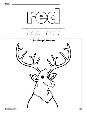 Free elk color red coloring page and color worksheet, red worksheet for preschoolers to learn colors, printable PDF