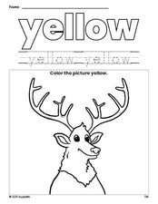 Free elk color yellow coloring page and color worksheet, yellow worksheet for preschoolers to learn colors, printable PDF