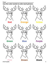 Free elk coloring page and color worksheet for preschoolers to learn colors, printable PDF