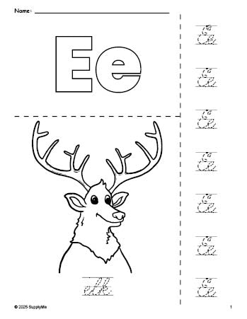 Free printable elk coloring page and cursive letter tracing worksheet, letter e worksheet for preschool, pre-k, and kindergarten, PDF