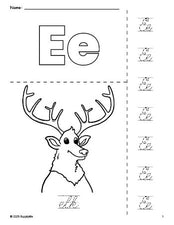 Free printable elk coloring page and cursive letter tracing worksheet, letter e worksheet for preschool, pre-k, and kindergarten, PDF