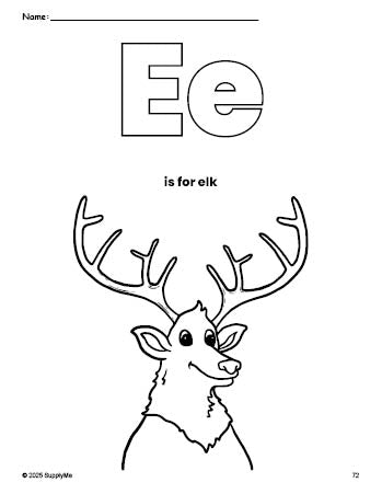 Free printable elk coloring page, letter e coloring page for preschool, pre-k, and kindergarten, PDF