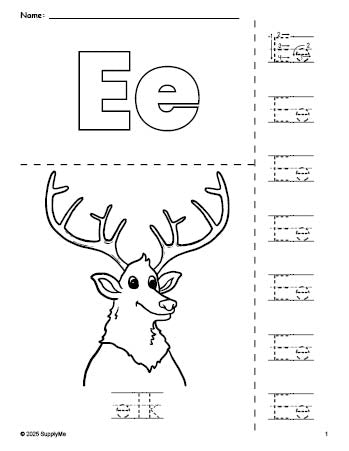 Free printable elk coloring page and letter tracing worksheet, letter e worksheet for preschool, pre-k, and kindergarten, PDF