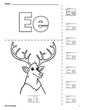 Free printable elk coloring page and letter tracing worksheet, letter e worksheet for preschool, pre-k, and kindergarten, PDF