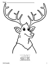 Free printable elk coloring page and word tracing worksheet, letter formation guides, perfect for preschool, pre-k, and kindergarten, PDF