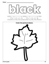 Free fall leaf color black coloring page and color worksheet, black worksheet for preschoolers to learn colors, printable PDF