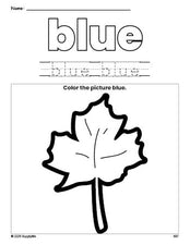 Free fall leaf color blue coloring page and color worksheet, blue worksheet for preschoolers to learn colors, printable PDF