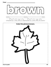 Free fall leaf color brown coloring page and color worksheet, brown worksheet for preschoolers to learn colors, printable PDF