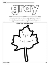 Free fall leaf color gray coloring page and color worksheet, gray worksheet for preschoolers to learn colors, printable PDF