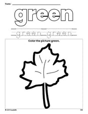 Free fall leaf color green coloring page and color worksheet, green worksheet for preschoolers to learn colors, printable PDF