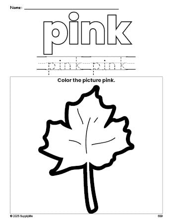 Free fall leaf color pink coloring page and color worksheet, pink worksheet for preschoolers to learn colors, printable PDF