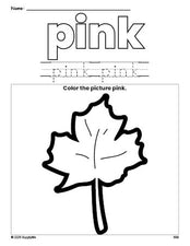 Free fall leaf color pink coloring page and color worksheet, pink worksheet for preschoolers to learn colors, printable PDF