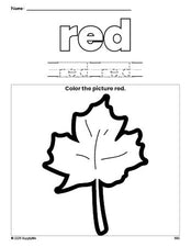 Free fall leaf color red coloring page and color worksheet, red worksheet for preschoolers to learn colors, printable PDF