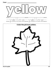 Free fall leaf color yellow coloring page and color worksheet, yellow worksheet for preschoolers to learn colors, printable PDF