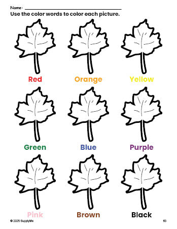 Free fall leaf coloring page and color worksheet for preschoolers to learn colors, printable PDF